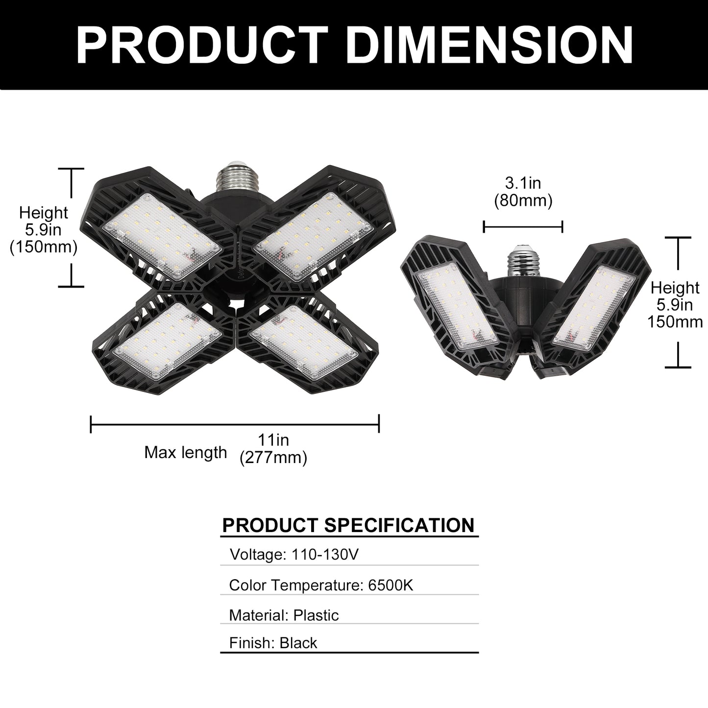 Ultra Bright Garage LED Light ??¡§?C 60W, Adjustable 4-Leaf Panels, 6500K Daylight, Tool-Free Install