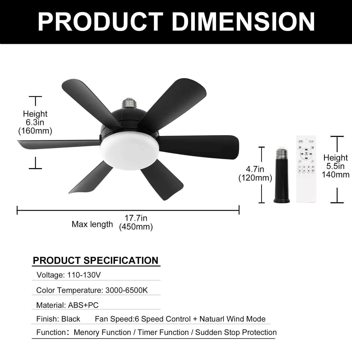 YANSUN Black Ceiling Fans Light 6-Blade Adjustable 2.4G Remote 6-Speed Dimming