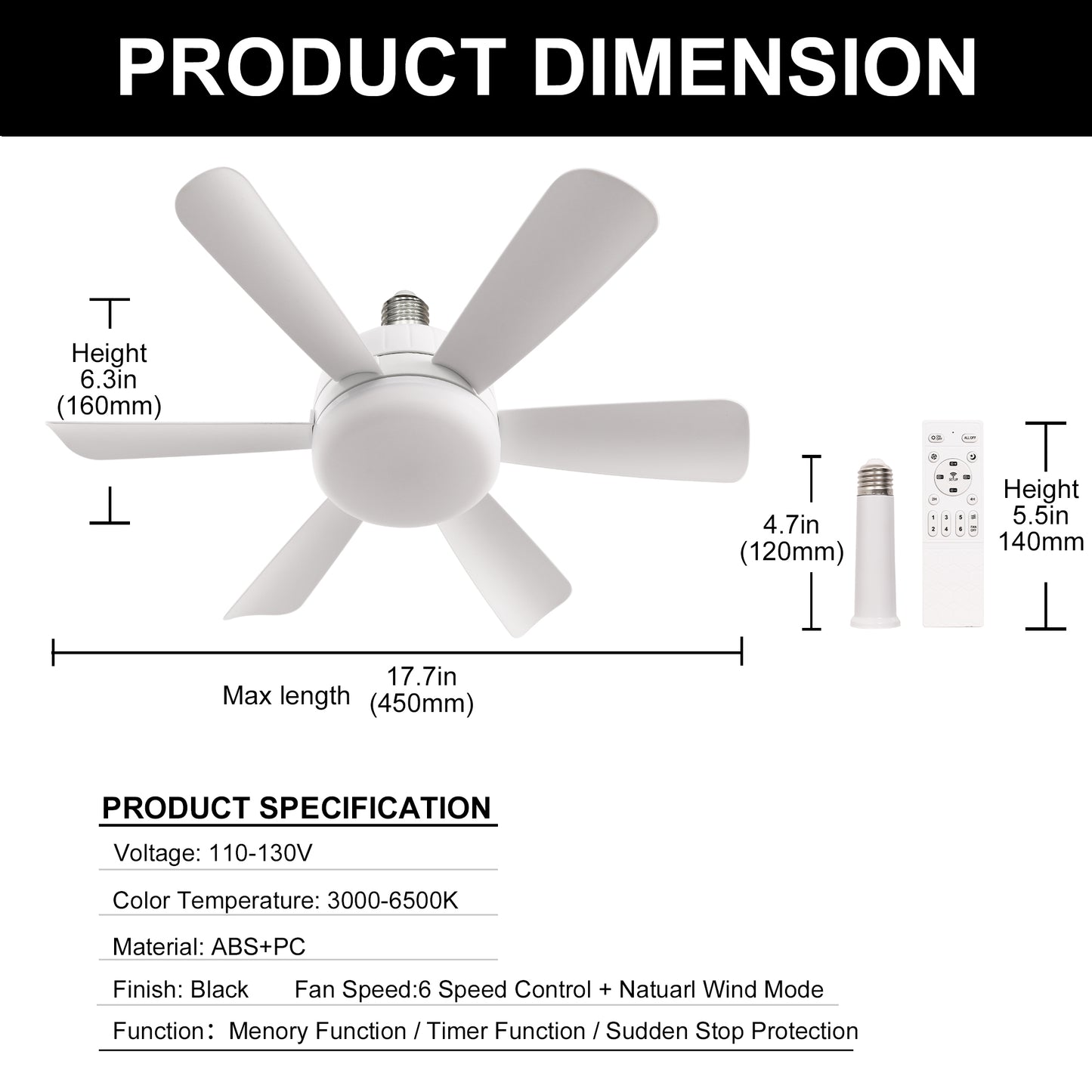YANSUN 6-Leaf Garage Light with White Finish, Adjustable 3-Color Lighting and 6-Speed Fan Control