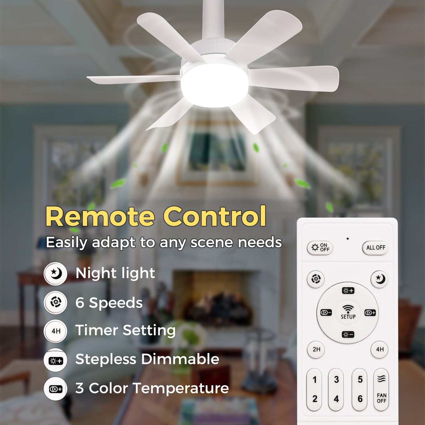 YANSUN 6-Leaf Garage Light with White Finish, Adjustable 3-Color Lighting and 6-Speed Fan Control