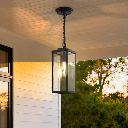 YANSUN Outdoor 1-Light Rectangular Pendant Light with Glass Shade, 13.8in Black Metal Lantern Hanging Light, E26 Base Exterior Porch Light with Chain