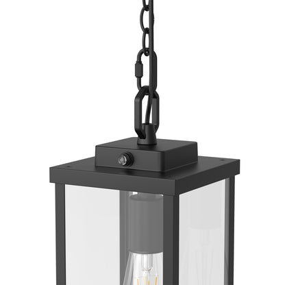 YANSUN Outdoor 1-Light Rectangular Pendant Light with Glass Shade, 13.8in Black Metal Lantern Hanging Light, E26 Base Exterior Porch Light with Chain