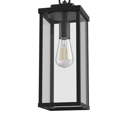 YANSUN Outdoor 1-Light Rectangular Pendant Light with Glass Shade, 13.8in Black Metal Lantern Hanging Light, E26 Base Exterior Porch Light with Chain