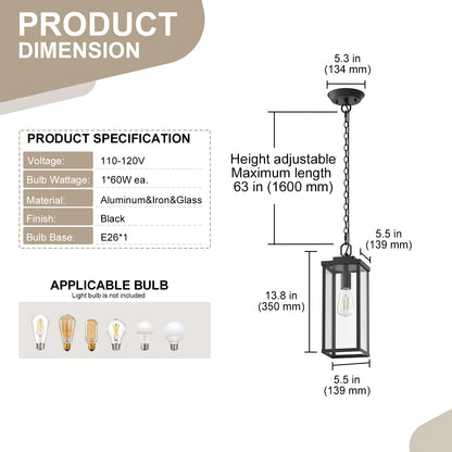 YANSUN Outdoor 1-Light Rectangular Pendant Light with Glass Shade, 13.8in Black Metal Lantern Hanging Light, E26 Base Exterior Porch Light with Chain
