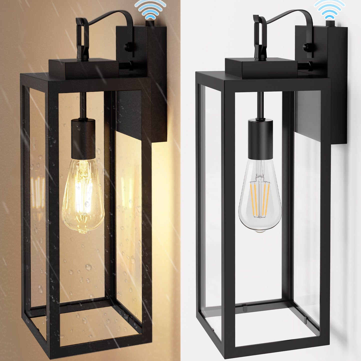 YANSUN 16 in. 1-Light Matte Black Light Control Rectangular Outdoor Wall Sconce with Clear Glass Shades E26 Socket 2-Pack