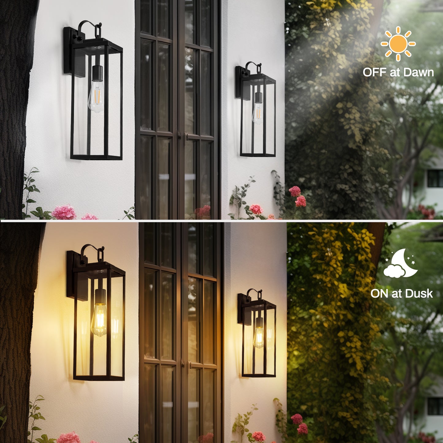 YANSUN 16 in. 1-Light Matte Black Light Control Rectangular Outdoor Wall Sconce with Clear Glass Shades E26 Socket 2-Pack