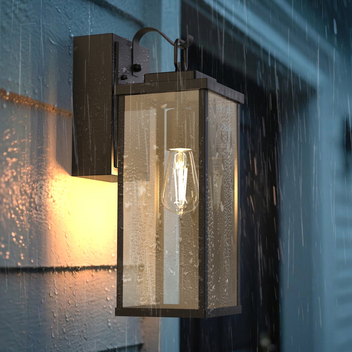YANSUN Clear Rectangular Outdoor Wall Light with Upward Hook Square Frame, Non-Integrated Bulb, E26 Socket