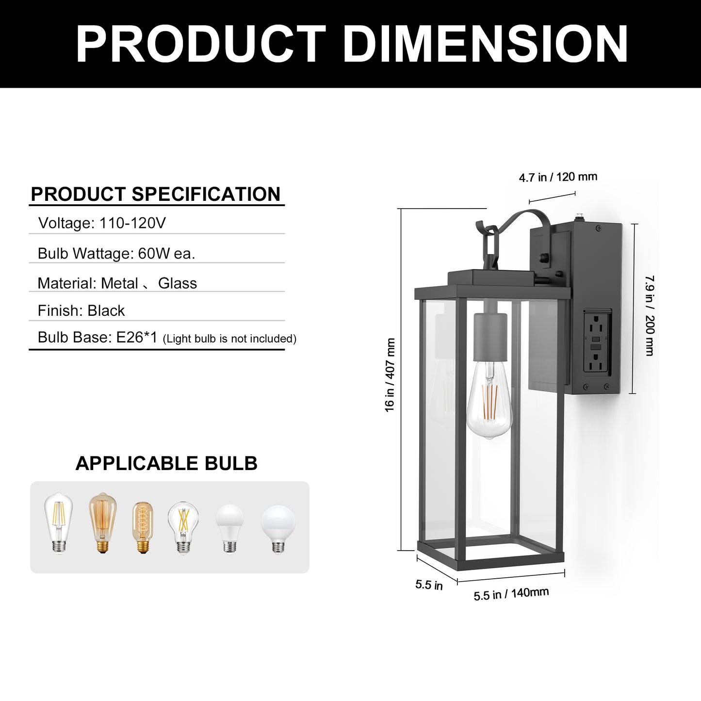 YANSUN Clear Rectangular Outdoor Wall Light with Upward Hook Square Frame, Non-Integrated Bulb, E26 Socket