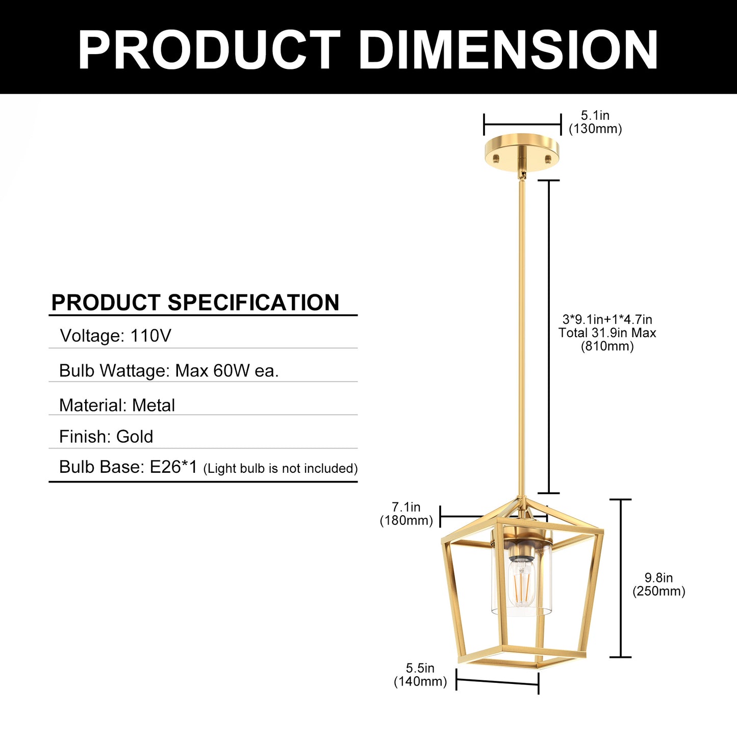 YANSUN 41. 7in Industrial 1-Light Lantern Shape Pendant Light with Clear Glass for Kitchen Diningroom Bulbs Not Included