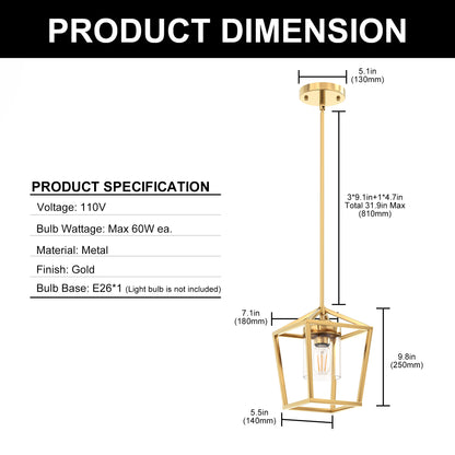 YANSUN 41. 7in Industrial 1-Light Lantern Shape Pendant Light with Clear Glass for Kitchen Diningroom Bulbs Not Included