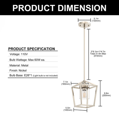 7 in. 1-Light Brushed Nickel Modern Farmhouse Cage Lantern Pendant with Clear Glass