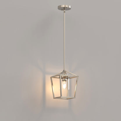 7 in. 1-Light Brushed Nickel Modern Farmhouse Cage Lantern Pendant with Clear Glass