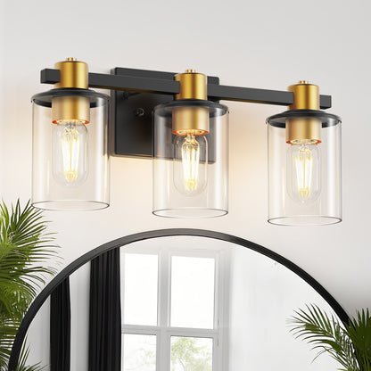 YANSUN 20 in. 3-Light Black Gold Vanity Light with Clear Cylinder Glass Shades Modern Bathroom Wall Fixture