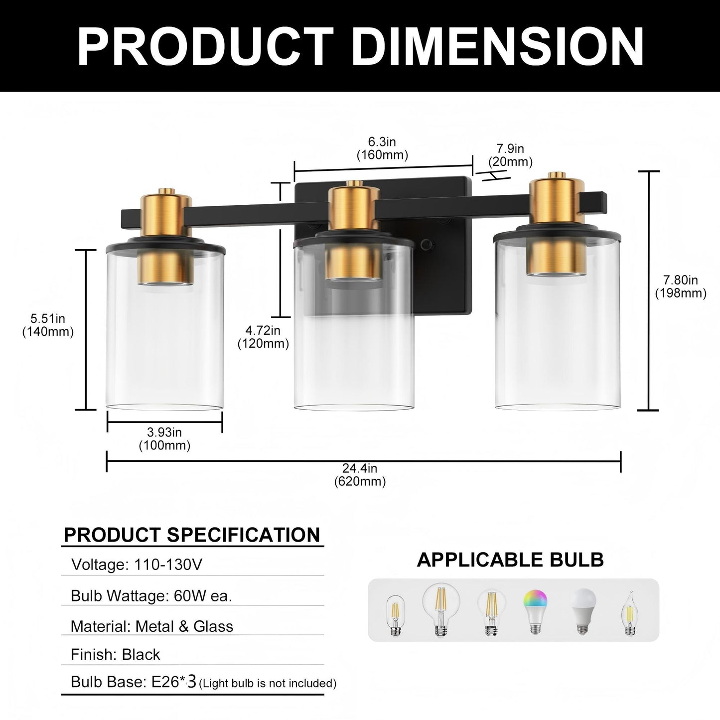 YANSUN 20 in. 3-Light Black Gold Vanity Light with Clear Cylinder Glass Shades Modern Bathroom Wall Fixture