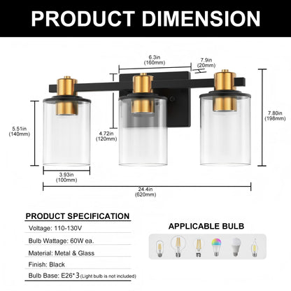 YANSUN 20 in. 3-Light Black Gold Vanity Light with Clear Cylinder Glass Shades Modern Bathroom Wall Fixture