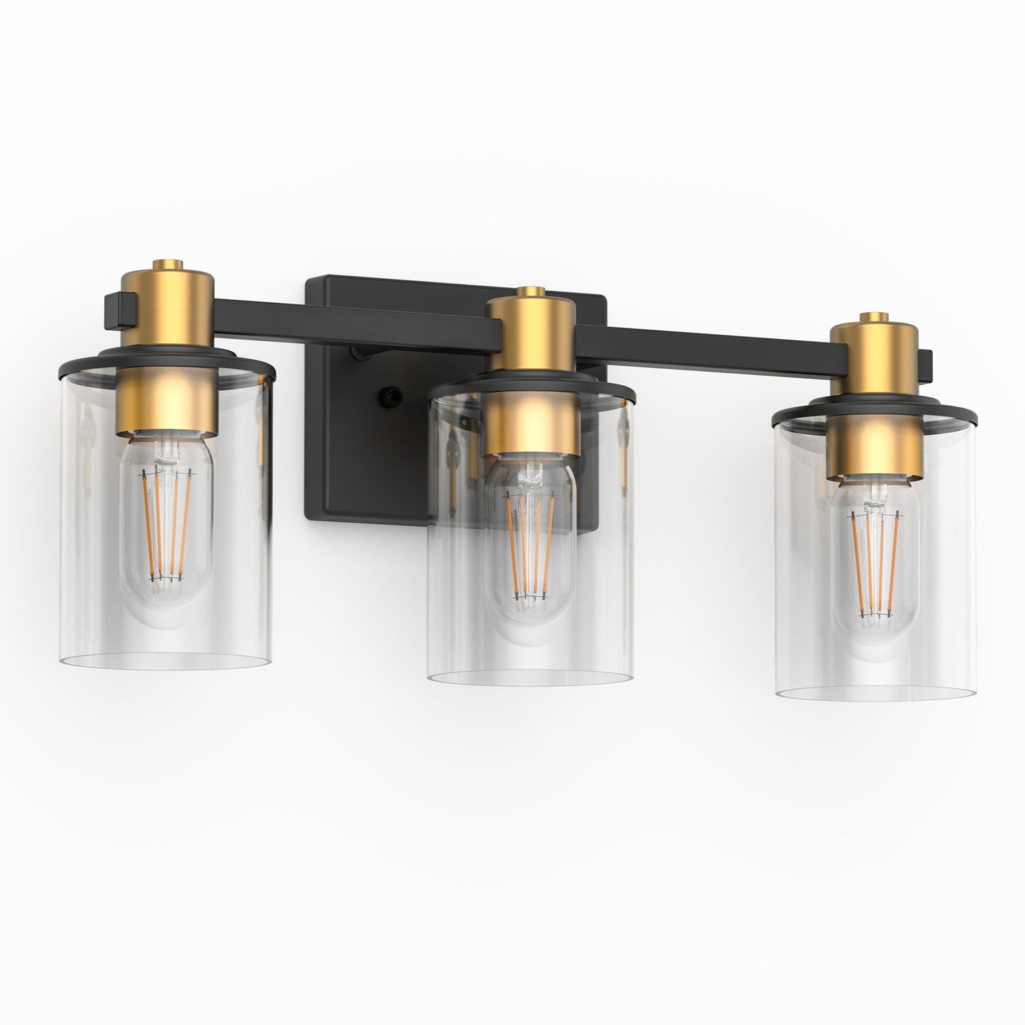 YANSUN 20 in. 3-Light Black Gold Vanity Light with Clear Cylinder Glass Shades Modern Bathroom Wall Fixture