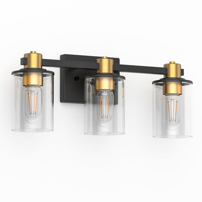 YANSUN 20 in. 3-Light Black Gold Vanity Light with Clear Cylinder Glass Shades Modern Bathroom Wall Fixture