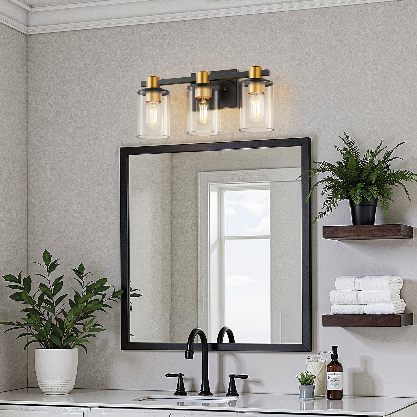 YANSUN 20 in. 3-Light Black Gold Vanity Light with Clear Cylinder Glass Shades Modern Bathroom Wall Fixture