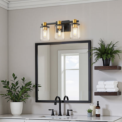 YANSUN 20 in. 3-Light Black Gold Vanity Light with Clear Cylinder Glass Shades Modern Bathroom Wall Fixture