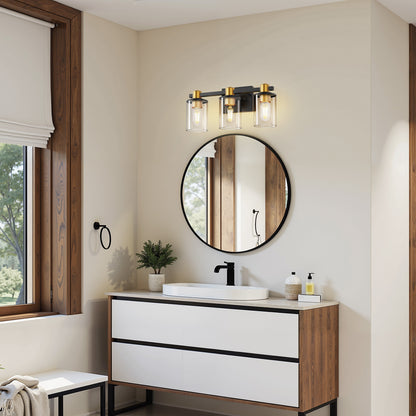YANSUN 20 in. 3-Light Black Gold Vanity Light with Clear Cylinder Glass Shades Modern Bathroom Wall Fixture