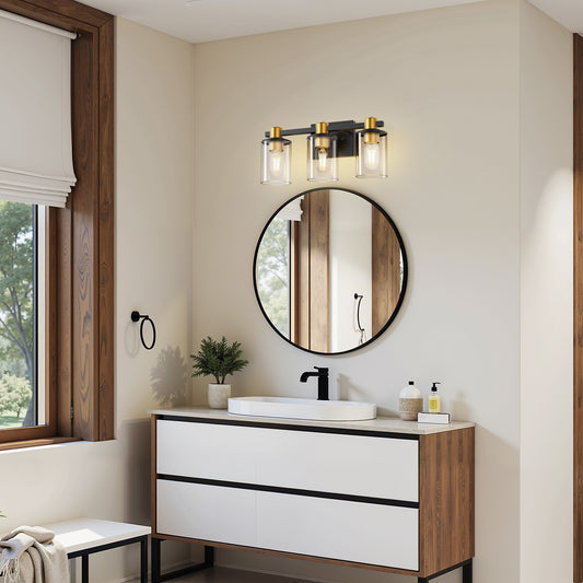 YANSUN 20 in. 3-Light Black Gold Vanity Light with Clear Cylinder Glass Shades Modern Bathroom Wall Fixture