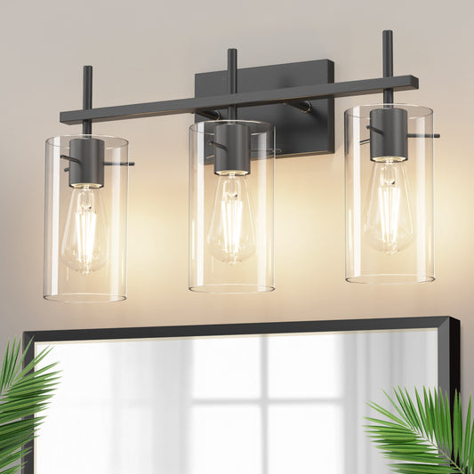 YANSUN 3-Head Black Bathroom Vanity Light with E26 Sockets, Non-Integrated Bulbs, Three-Hole Pierced Glass Shade