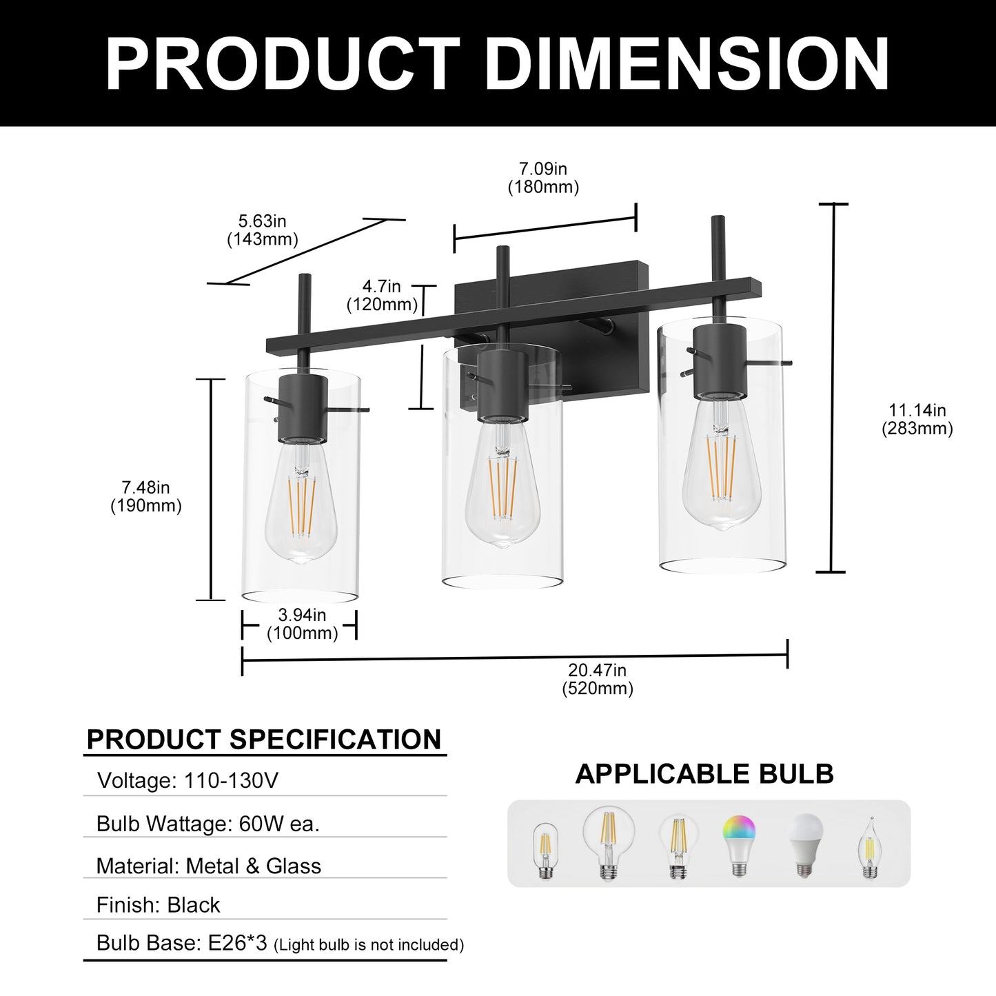 YANSUN 3-Head Black Bathroom Vanity Light with E26 Sockets, Non-Integrated Bulbs, Three-Hole Pierced Glass Shade