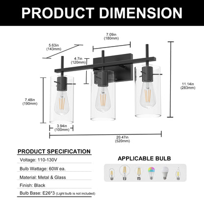 YANSUN 3-Head Black Bathroom Vanity Light with E26 Sockets, Non-Integrated Bulbs, Three-Hole Pierced Glass Shade