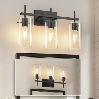 YANSUN 3-Head Black Bathroom Vanity Light with E26 Sockets, Non-Integrated Bulbs, Three-Hole Pierced Glass Shade