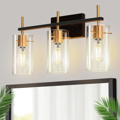 20 in. 3-Light Bathroom Fixture, Black and Gold Metal Vanity Light Frame with Clear Glass Shades