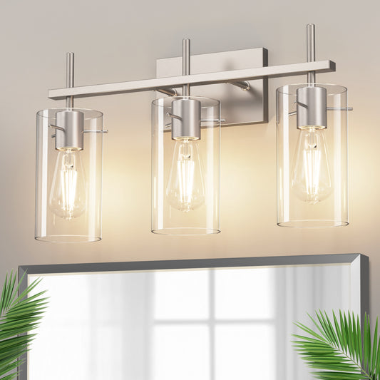 YANSUN 3-Head Satin Nickel Vanity Wall Light, Three-Hole Perforated Glass Shades, Non-Integrated E26 Bulbs, Modern Bathroom Lighting