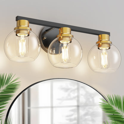 YANSUN 19 in. Black and Gold 3-Light Bathroom Vanity Light, LED Powder Room Lighting with Clear Globe Shades for Dressers