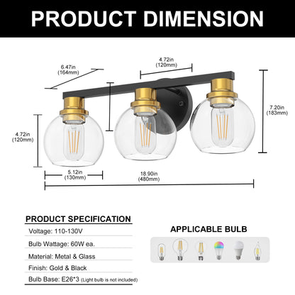 YANSUN 19 in. Black and Gold 3-Light Bathroom Vanity Light, LED Powder Room Lighting with Clear Globe Shades for Dressers