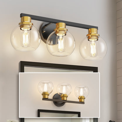 YANSUN 19 in. Black and Gold 3-Light Bathroom Vanity Light, LED Powder Room Lighting with Clear Globe Shades for Dressers