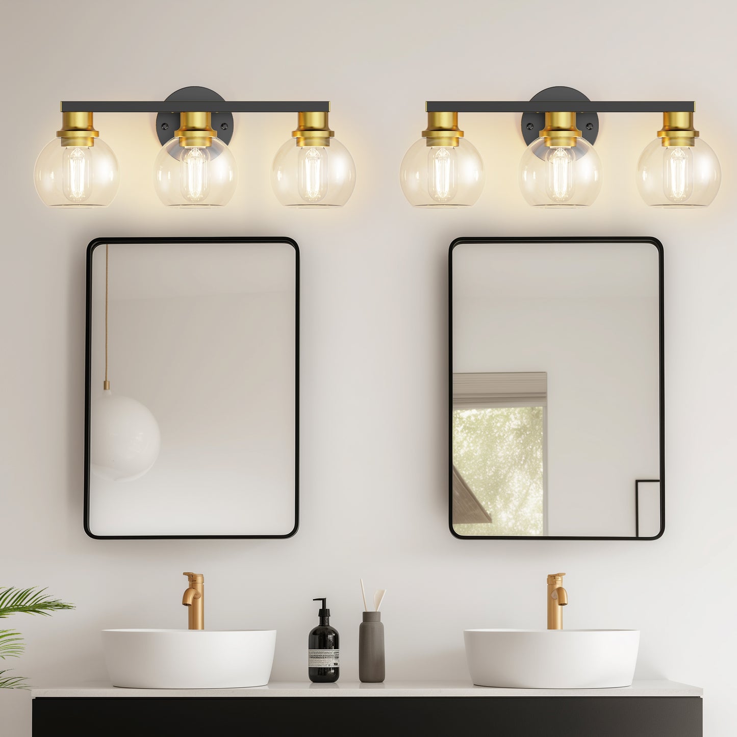 YANSUN 19 in. Black and Gold 3-Light Bathroom Vanity Light, LED Powder Room Lighting with Clear Globe Shades for Dressers