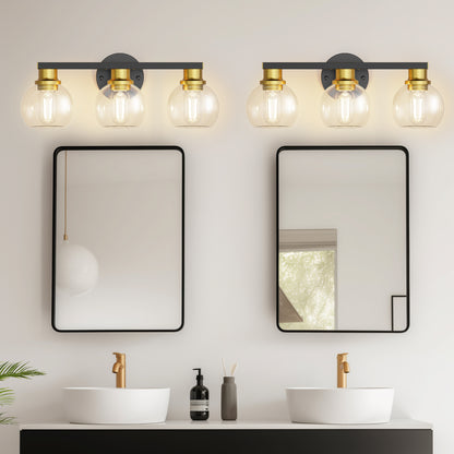 YANSUN 19 in. Black and Gold 3-Light Bathroom Vanity Light, LED Powder Room Lighting with Clear Globe Shades for Dressers