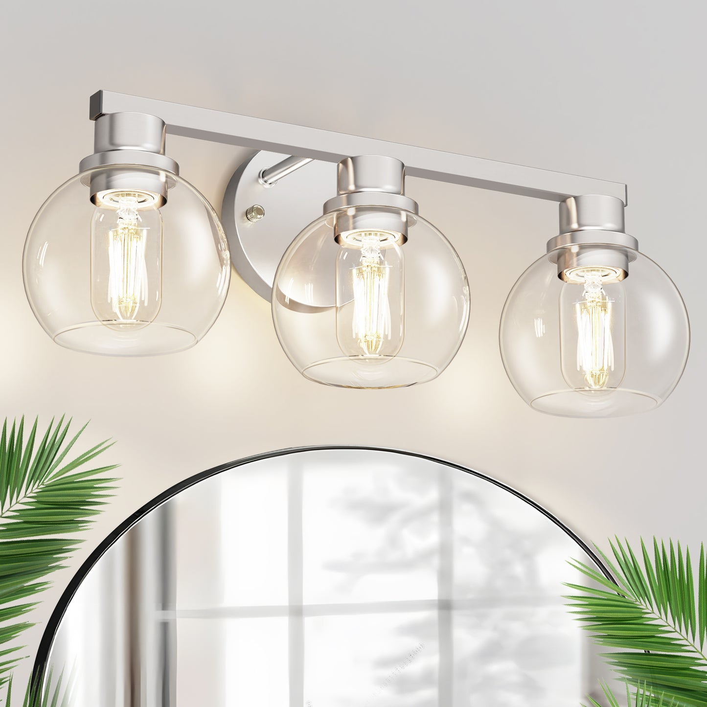 YANSUN 19 in. 3-Light Brushed Nickel Bathroom Vanity Light, Powder Room Lighting with Clear Globe Shades for Bathroom Dressers