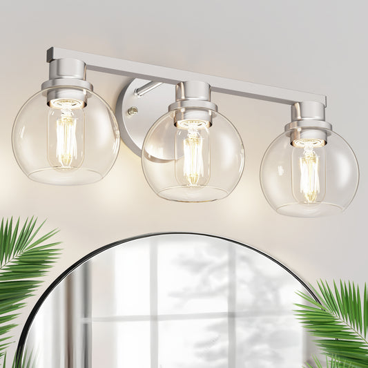 YANSUN 19 in. 3-Light Brushed Nickel Bathroom Vanity Light, Powder Room Lighting with Clear Globe Shades for Bathroom Dressers