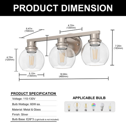 YANSUN 19 in. 3-Light Brushed Nickel Bathroom Vanity Light, Powder Room Lighting with Clear Globe Shades for Bathroom Dressers