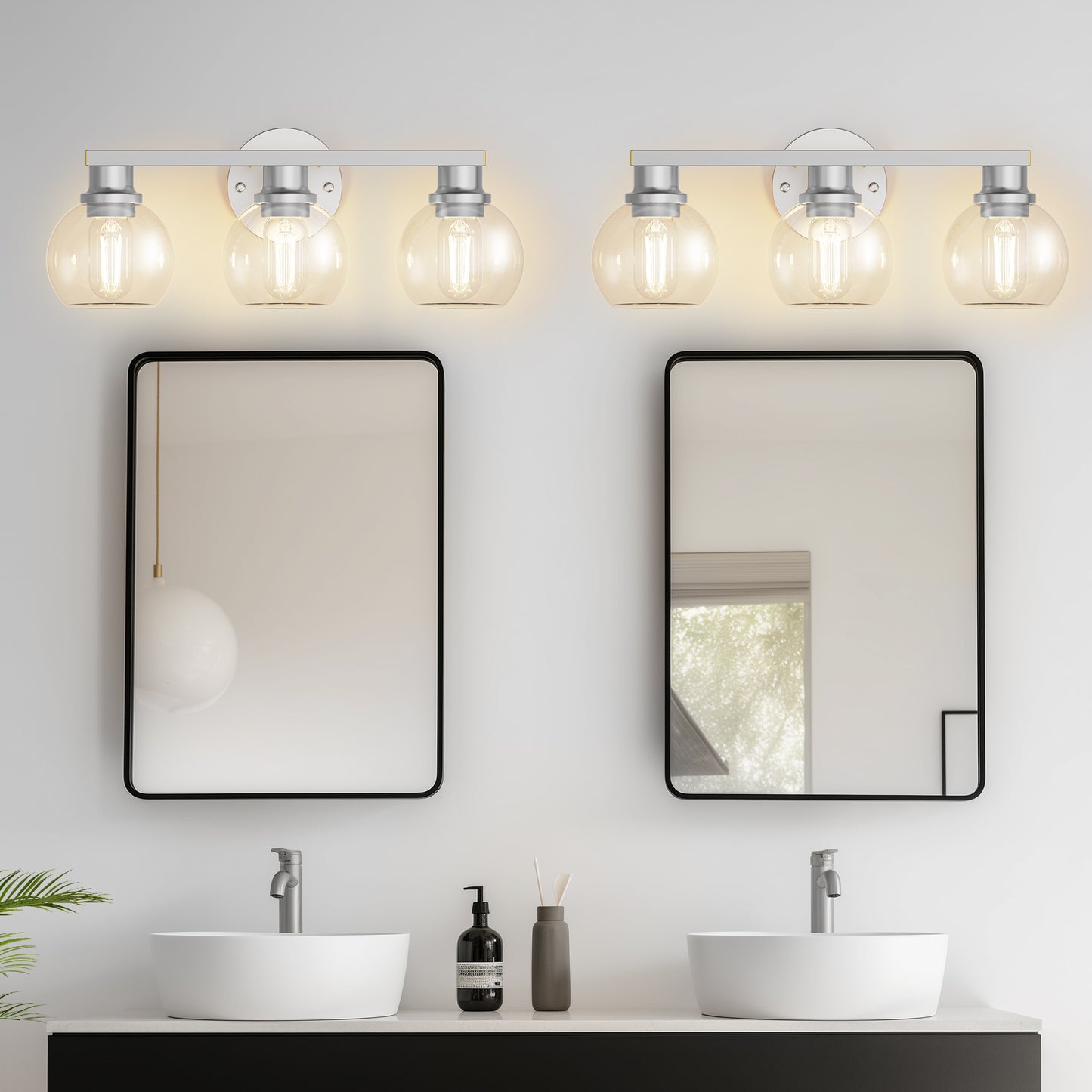 YANSUN 19 in. 3-Light Brushed Nickel Bathroom Vanity Light, Powder Room Lighting with Clear Globe Shades for Bathroom Dressers