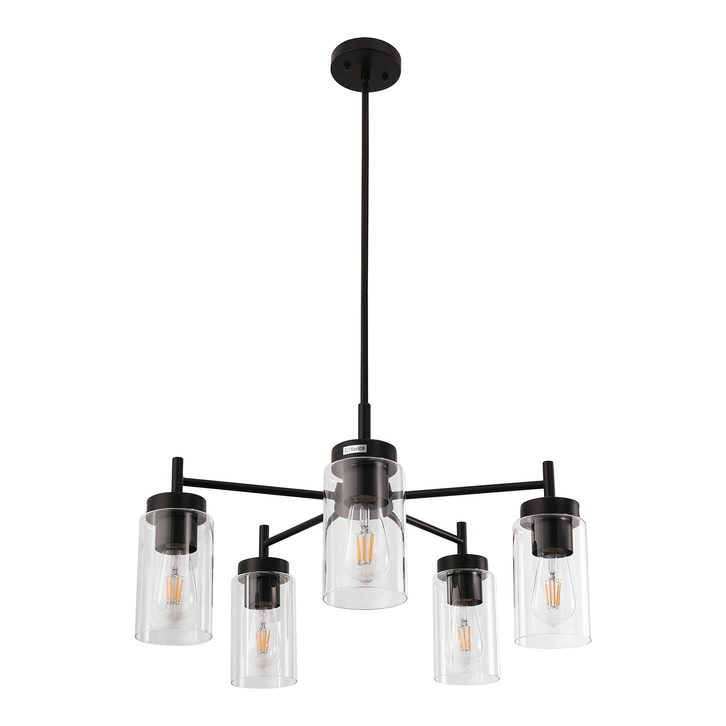 YANSUN 25 in. 5-Light Matte Black Chandelier with Clear Glass Shades E26 for Living Room, Dining Room, or Entryway (1-Pack)