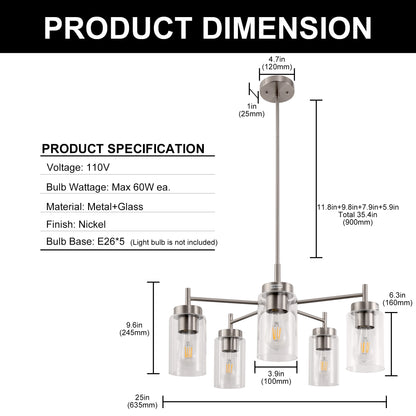 5-Light Nickel Pendant Light with Clear Glass Shades - Adjustable Chandelier for Dining Room, Kitchen, or Foyer