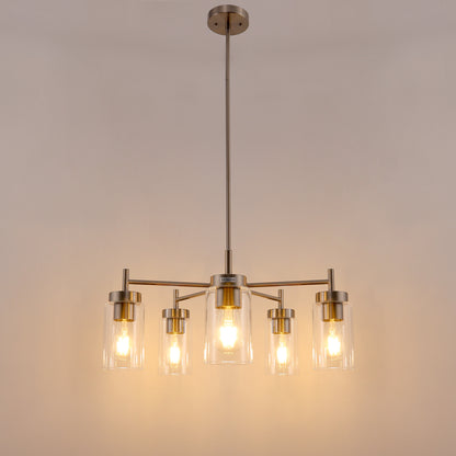 5-Light Nickel Pendant Light with Clear Glass Shades - Adjustable Chandelier for Dining Room, Kitchen, or Foyer