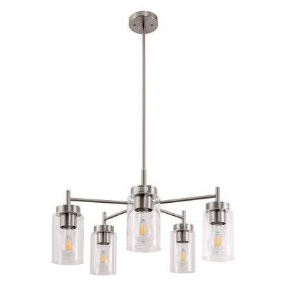 5-Light Nickel Pendant Light with Clear Glass Shades - Adjustable Chandelier for Dining Room, Kitchen, or Foyer