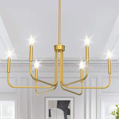 28 in. 6-Light Gold Farmhouse Rustic Candle Ceiling Chandelier Light, Adjustable Height for Dining Room