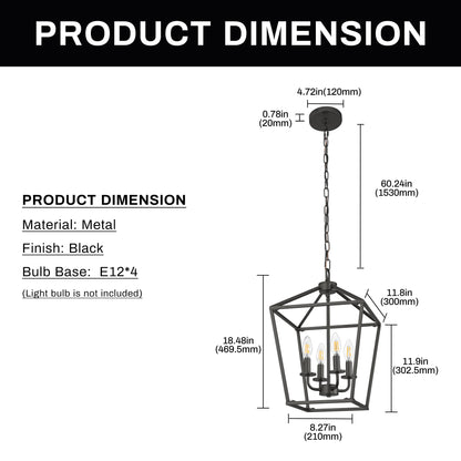 8 in. 4-Light Black Geometric Open Cage Pendant Light, Chandelier for Dining Room, House Foyer