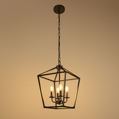 8 in. 4-Light Black Geometric Open Cage Pendant Light, Chandelier for Dining Room, House Foyer