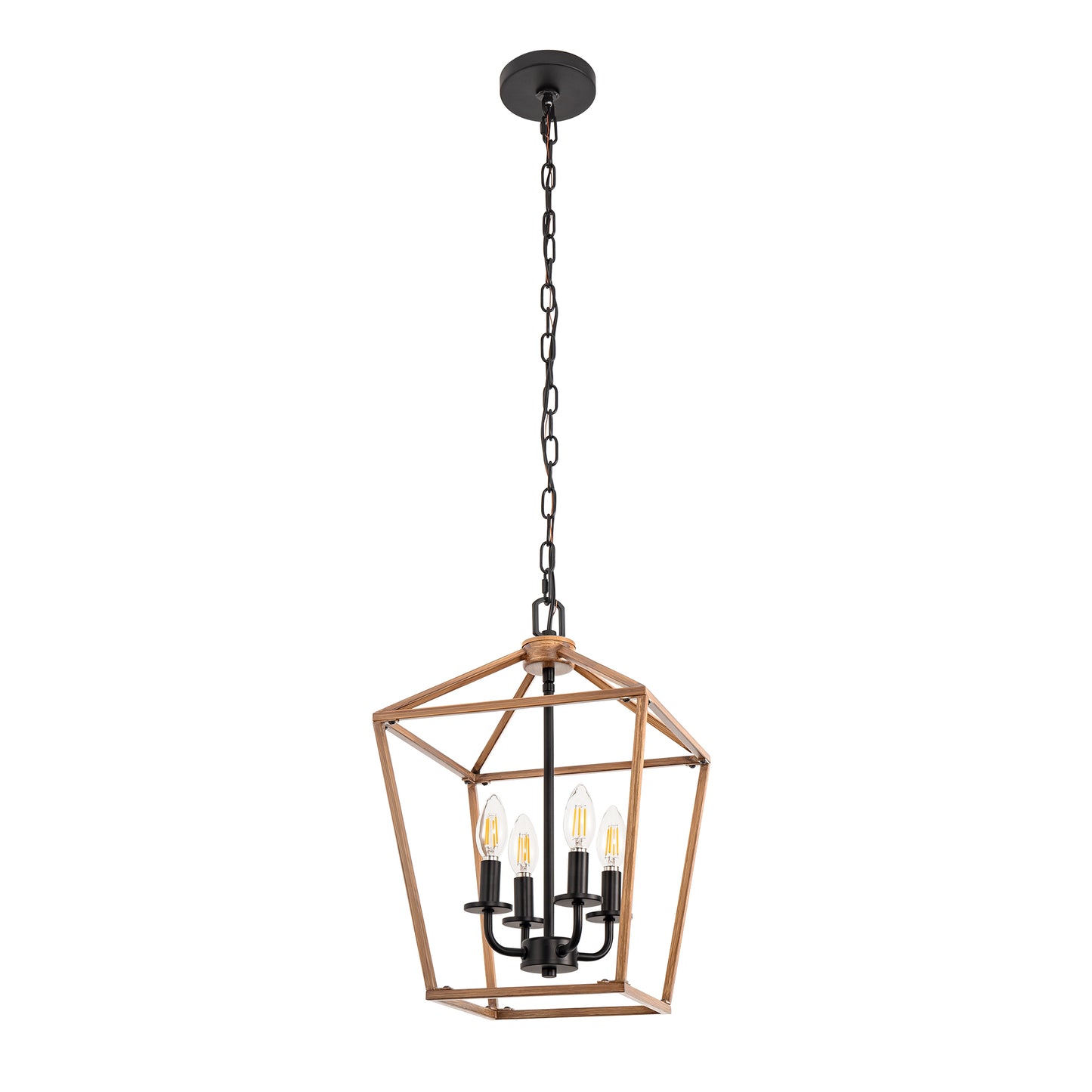 YANSUN 4-Light Farmhouse Birdcage Wood Grain Chandelier with E12 and Deep Wood Iron Frame Pendant Light for Dining Kitchen