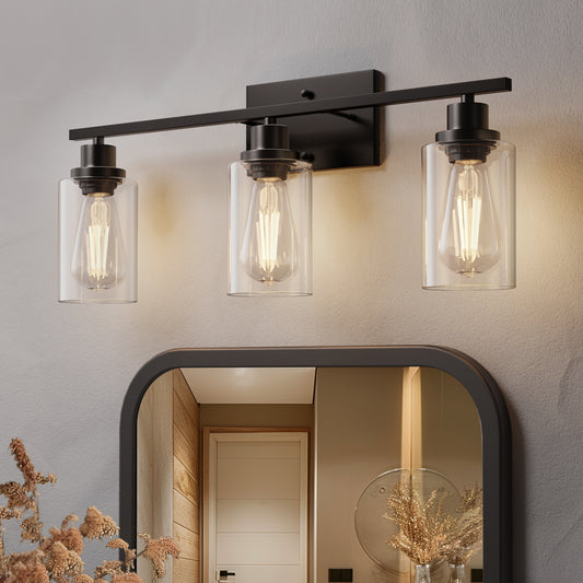 YANSUN 3-Light Industrial Vanity Light Black Bathroom Fixture with Glass Shades E26 Base Bulb Not Included