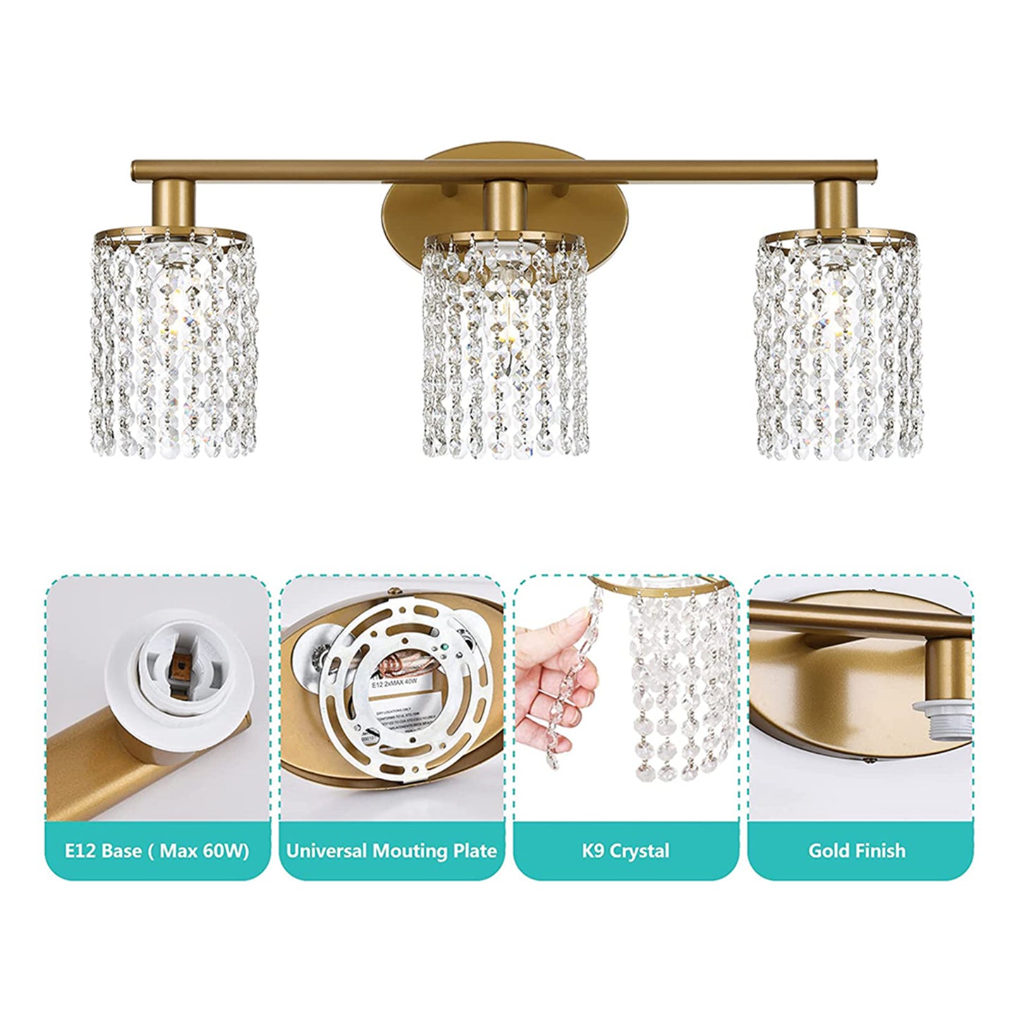 YANSUN 20.87 in.3-Light Gold Adjustable Wall Sconce with Crystal Shade Modern Lighting Fixture for Corridor and Hallway